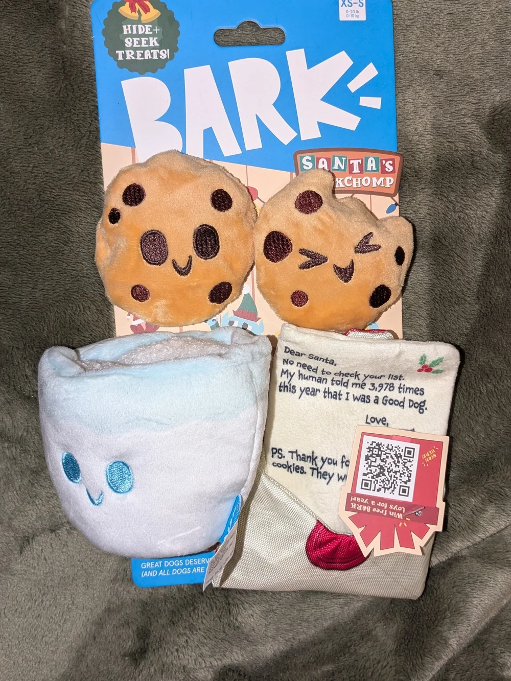 BARK Holiday Cookie & Milk Plush Dog Toy Set - Tan, White, Blue